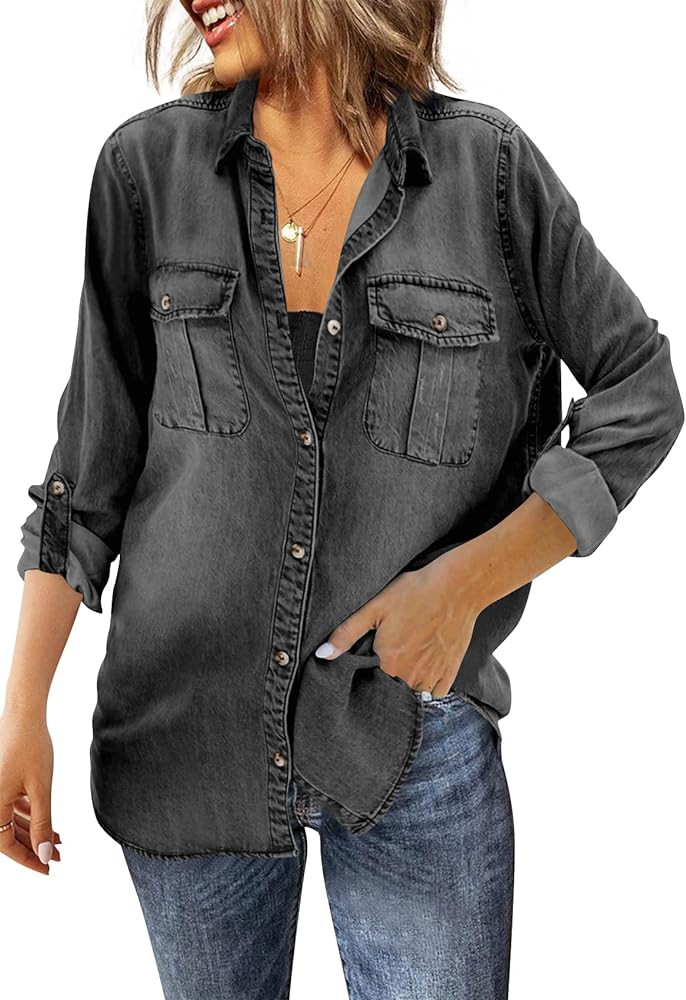 Runcati Womens Button Down Denim Shirt Long Sleeve Roll Up Casual Oversized Jean Shirt Jacket Dis... | Amazon (US)