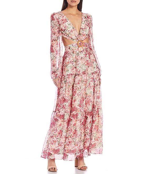 Lillian Floral Deep V-Neck Long Blouson Sleeve Cut Out Tiered A-Line Maxi Dress | Dillards