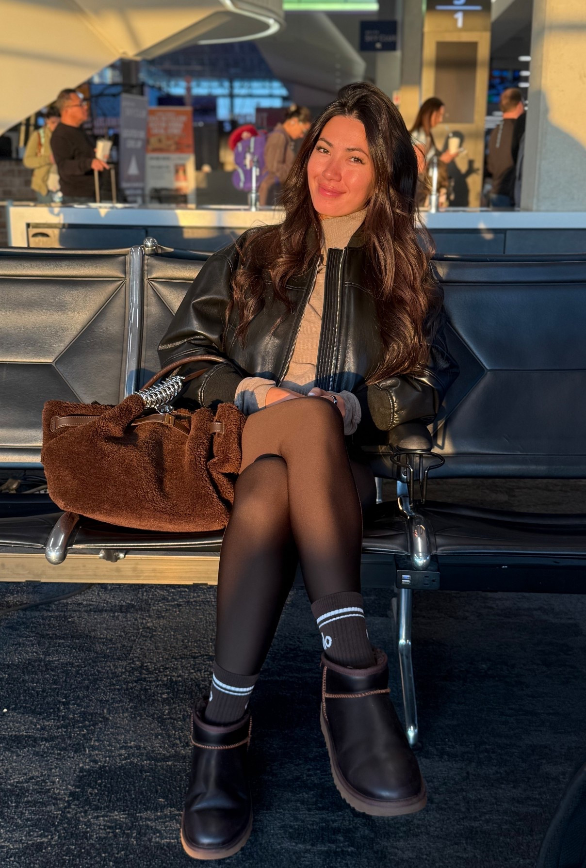 Airport outfit, alo, aritzia, revolve, leather bomber, espresso, Uggs, fall outfits, lululemon 

#LTKFamily #LTKItBag #LTKTravel