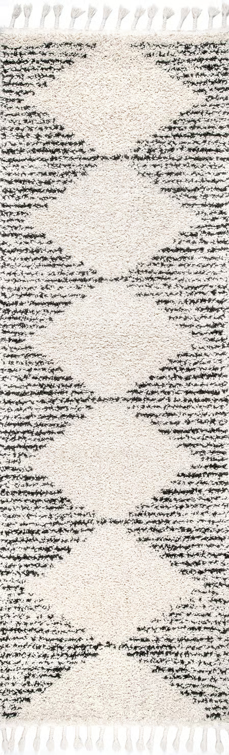 Off White Moroccan Diamond Pinstripes Tassel  Area Rug | Rugs USA