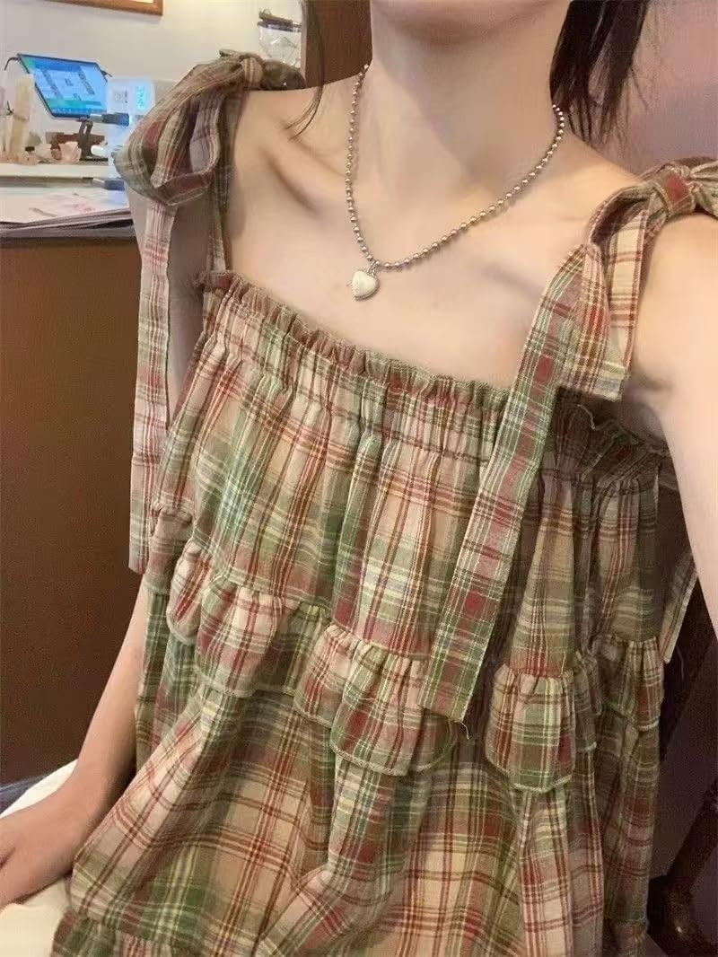 Pbkabiug Women's Camisole Tank Tops Red Plaid Camisoles Women Vintage Ruffles Cute Girlish Cropped Tops Holiday Streetwear (Green,One Size,Large) | Amazon (US)