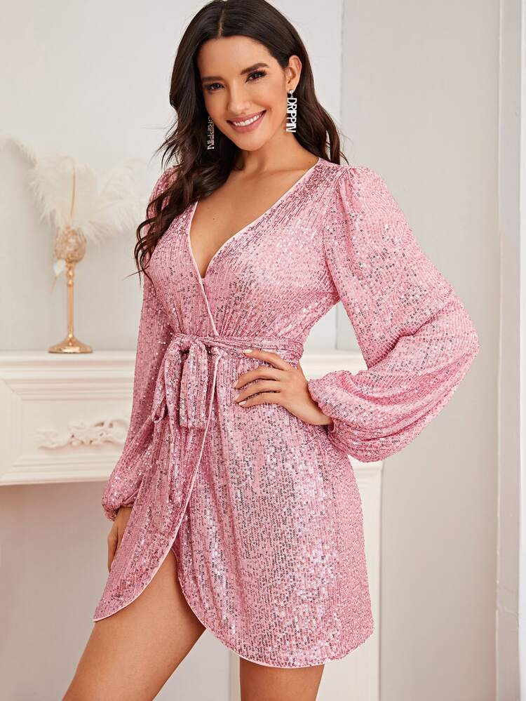 Lantern Sleeve Wrap Belted Sequin Dress | SHEIN