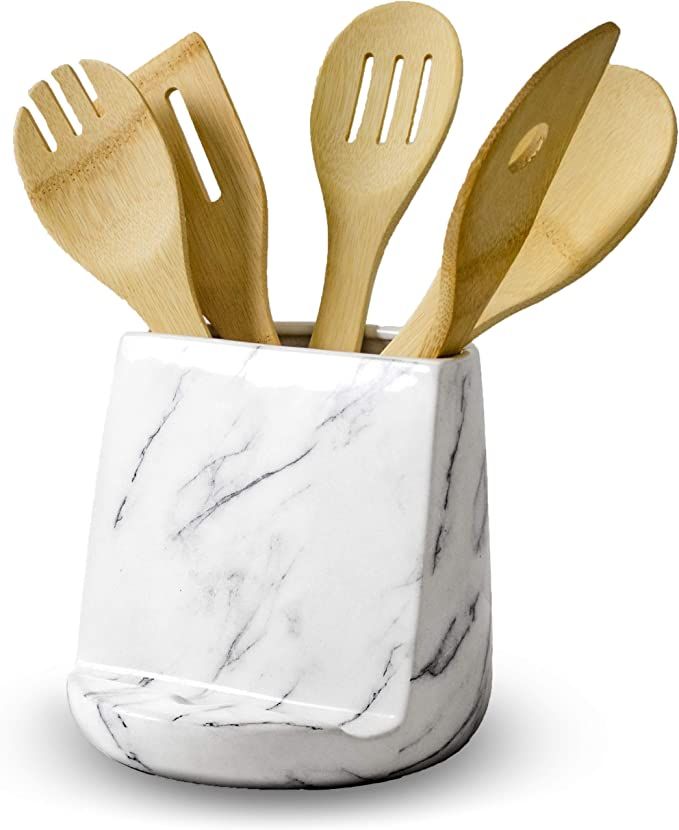 Two-in-One Ceramic Marble Utensil Holder and Tablet Stand | Kitchen Utensil Crock Cookbook and Ta... | Amazon (US)