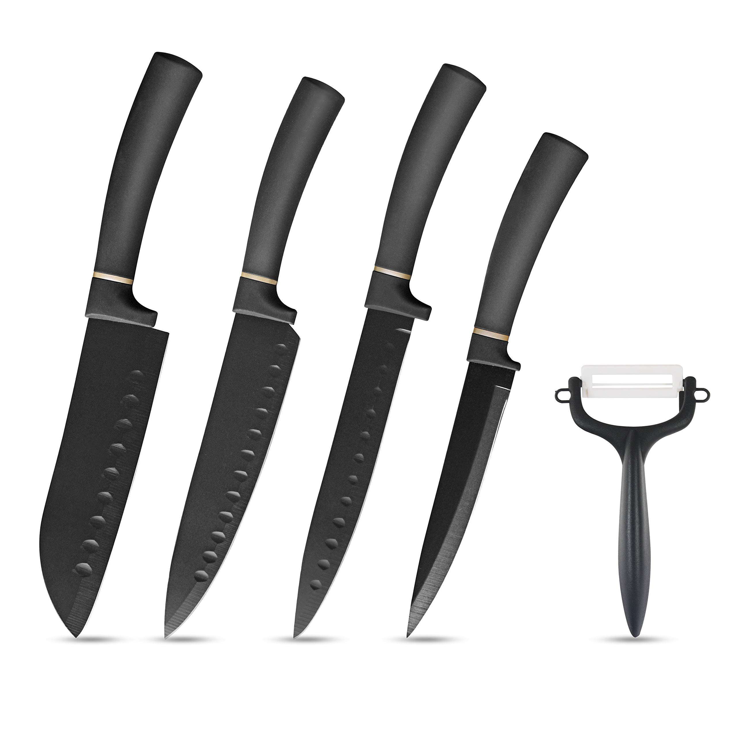 elabo 5 Pieces Black Kitchen Knife Set - Stainless Steel Non Stick Coating Knives, Rose Gold Handle, | Amazon (US)
