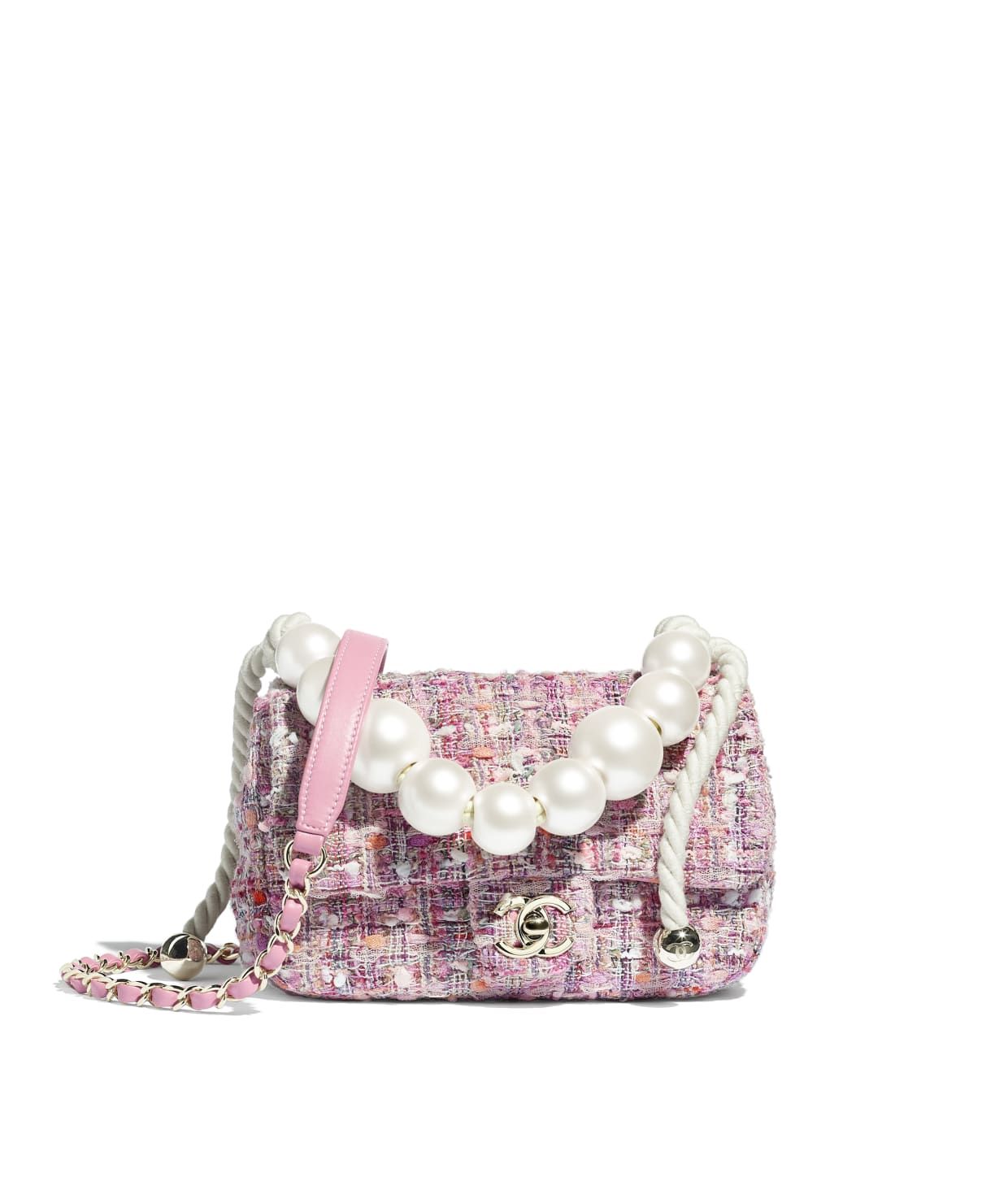 Tweed, Imitation Pearls & Gold-Tone Metal Pink, Beige, Orange & Ecru Flap Bag | CHANEL | Chanel, Inc. (US)
