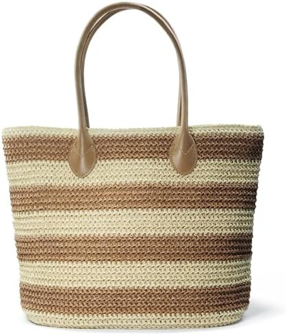 Striped Synthetic Straw Women's Tote Light Weight Vaction Shoulder Handbag | Amazon (US)