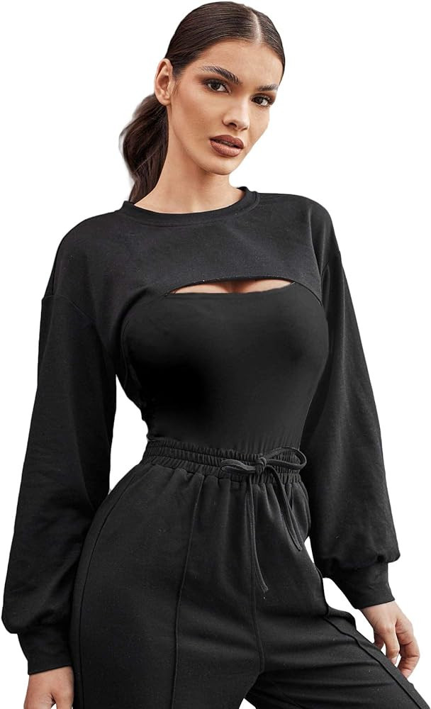 Verdusa Women's Drop Shoulder Asymmetrical Crop Pullover Sweatshirt Top | Amazon (US)