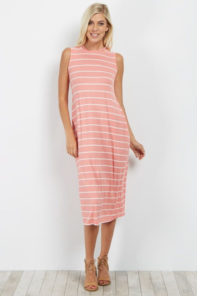 Pink Striped Ribbed Midi Dress | PinkBlush Maternity