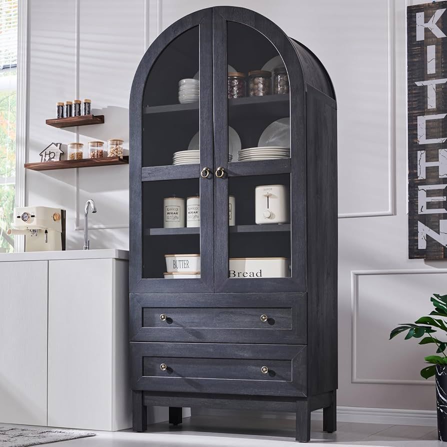 71" Tall Arched Kitchen Pantry, Modern Farmhouse Wood Kitchen Storage Cabinets with 2 Large Drawe... | Amazon (US)