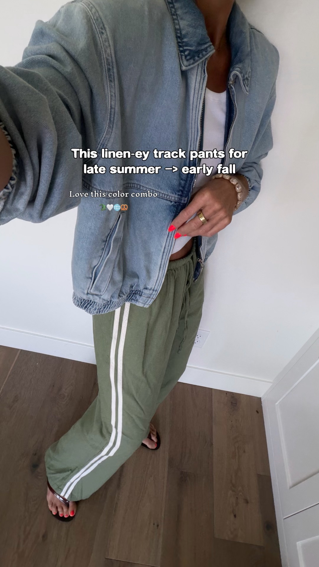 Late summer —> early fall outfit.
So impressed with these linen blend sporty track pants from @Target 
Love the green, and you have to see the burgundy too!
Fit tts, wearing a medium.
Size down in denim jacket. Wearing a small. Tank fits tts

#LTKootd #LTKmomlife #LTKOver40