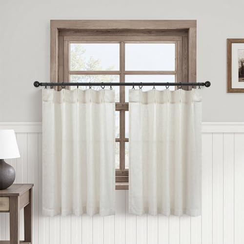 Pinch Pleated Cream Linen Kitchen Curtain 24 Inch Length 2 Panel Set Modern Neutral Short Cafe Cu... | Amazon (US)