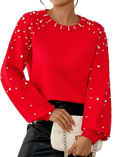 Pink Queen Women's Pearls Beaded Pullovers Crew Neck Drop Shoulder Loose Sweater Top Lantern Long Sleeve Knit Oversized Sweater Jumpers Fiery Red L | Amazon (US)