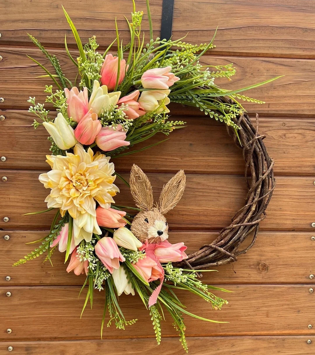 Easter wreath. Real touch tulips in pink, white and peach tones. Baby’s breath and an adorable ... | Etsy (US)