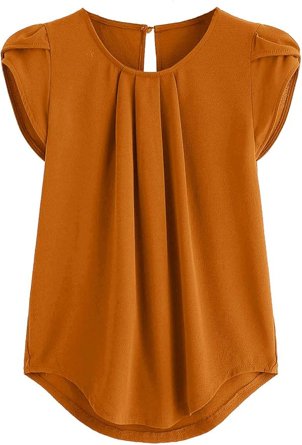 Milumia Women's Casual Round Neck Basic Pleated Top Cap Sleeve Curved Keyhole Back Blouse | Amazon (US)