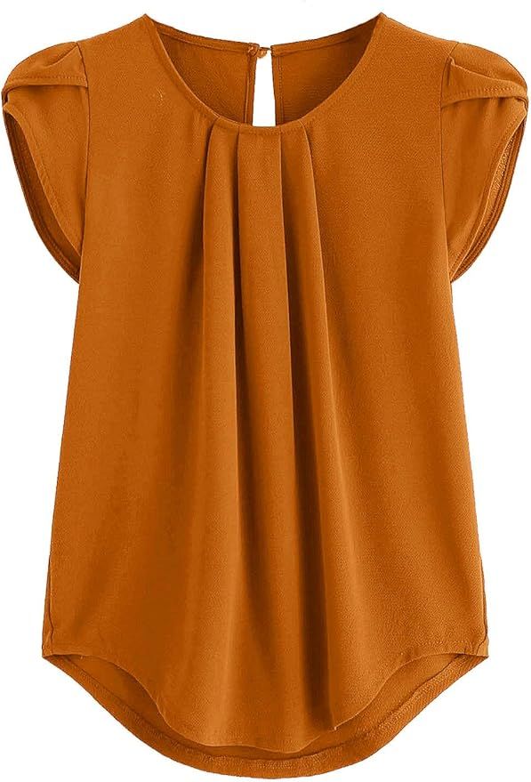 Milumia Women's Casual Round Neck Basic Pleated Top Cap Sleeve Curved Keyhole Back Blouse | Amazon (US)