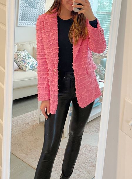 THIS workwear outfit!! 🖤 Leather pants are Abercrombie Skinny High Rise fit, I’m wearing a size 25 Long. I’m 5’9” for reference! My bodysuit is the Abercrombie Seamless Long Sleeve Bodysuit. Wearing a size XS. This fab hot pink tweed blazer is from H&M!! Also size XS  Got on sale for $65! Linking all below, and my look alike Chanel flats for work!! 

#LTKsalealert #LTKworkwear #LTKunder100