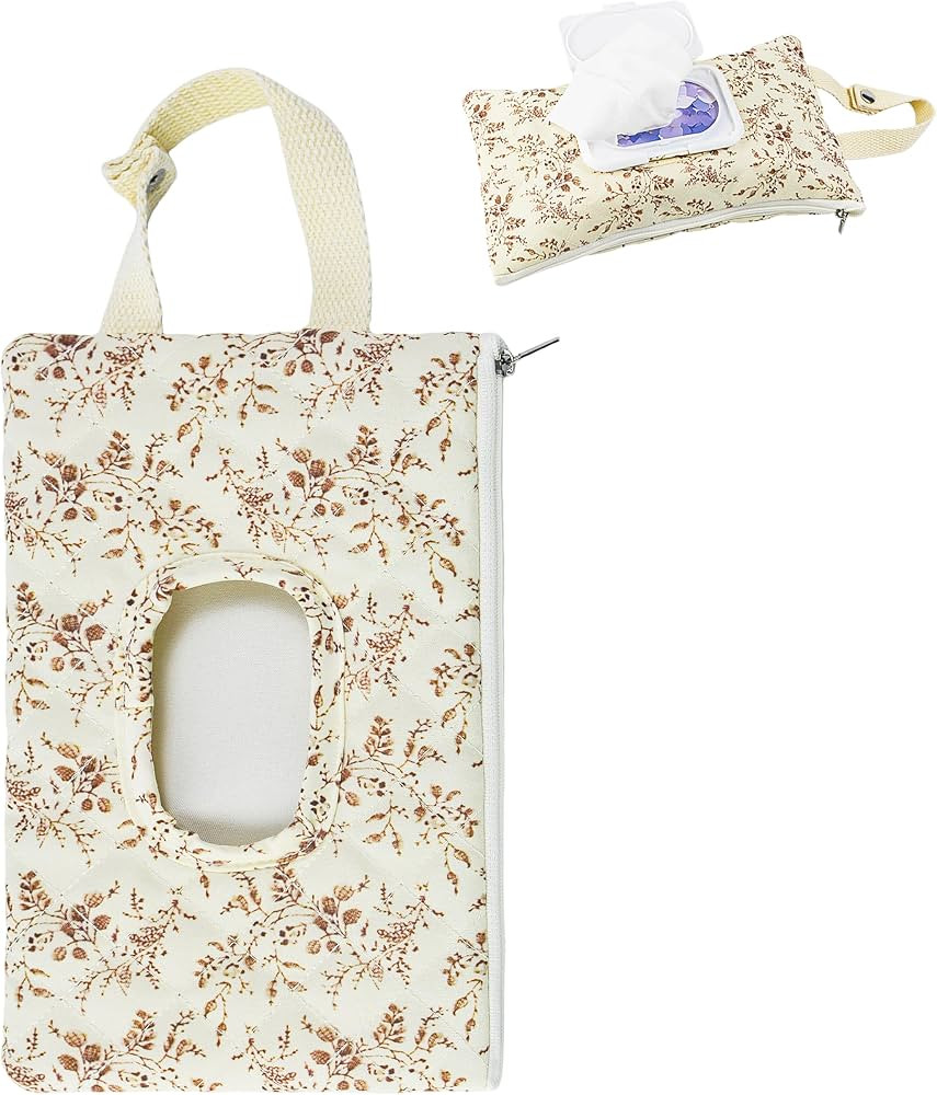 Quilted Baby Wipe Holder Floral Diaper Pouch Portable Quilted Wipes Bag for Car, Stroller (Beige ... | Amazon (US)