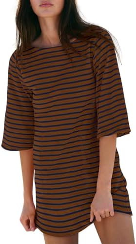 Yousify Women’s T Shirt Dress Cotton Summer Dresses 2026 Casual Loose Short Sleeve Striped Mini... | Amazon (US)