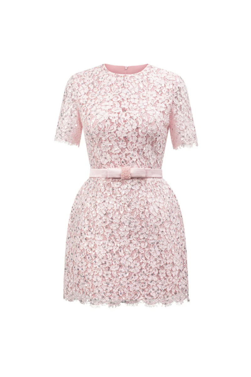 SEQUIN FLORAL LACE AND SILK TAFFETA DRESS IN PINK | I.H.F Studio | CULT MIA | CULT MIA UK LTD