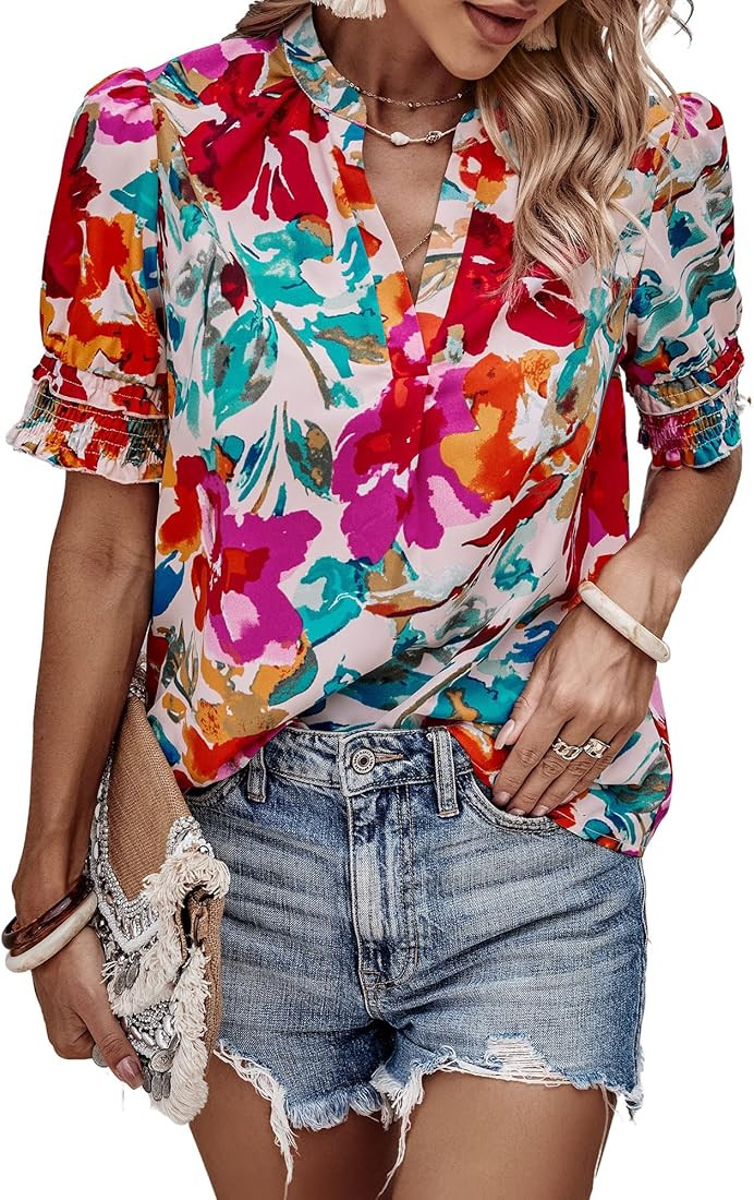 Angashion Womens Tops, Summer Casual Short Sleeve V Neck Solid Flowy Top Loose Tunic Blouses Shir... | Amazon (US)