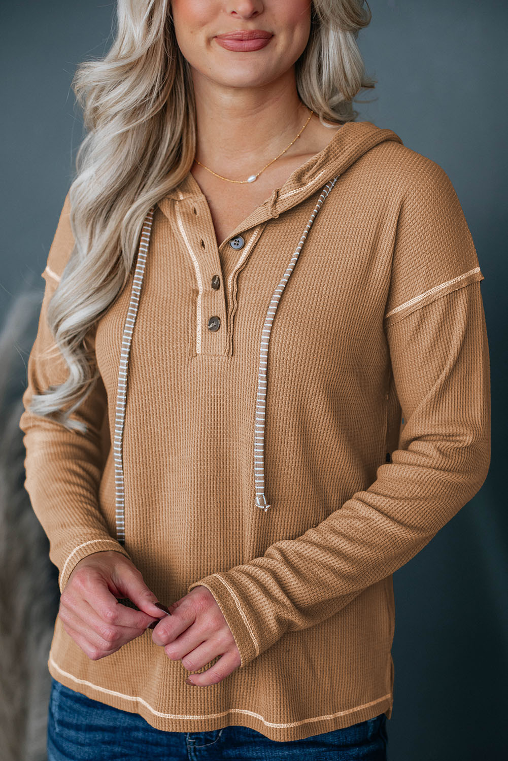 Khaki Seamed Drop Shoulder Waffle Knit Henley Hooded Top | Shewin
