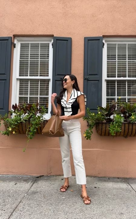 Kat Jamieson wears an easy everyday outfit for fall in Charleston. Fall outfits, cream denim, stripe sweater, leather tote bag, Khaite, Hermes sandals. 

#LTKSeasonal #LTKitbag #LTKshoecrush