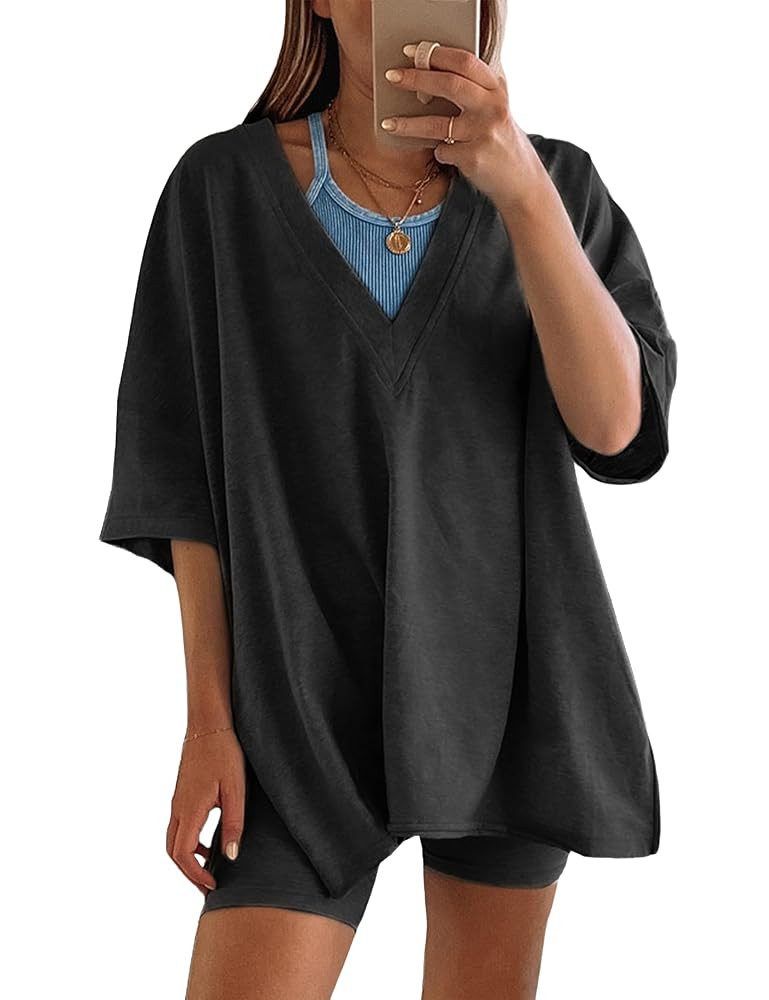 Lianlive 2 Piece Outfits Women's Oversized T-Shirts Biker Short Sets Hot Shot Reversible Set | Amazon (US)