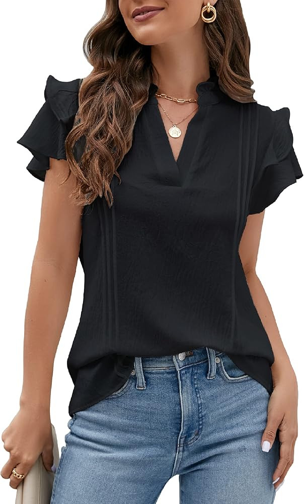 Blooming Jelly Womens Dressy Casual Tops Ruffle Short Sleeve V Neck Shirts Elegant Business Work ... | Amazon (US)