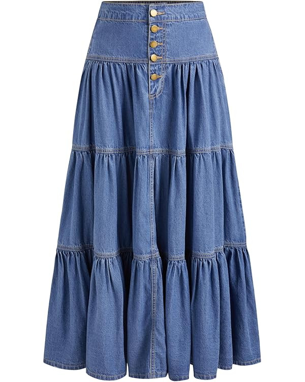 CIDER Women’s Long Jean Denim Tiered Button Down High Waisted Maxi Skirts | Amazon (US)