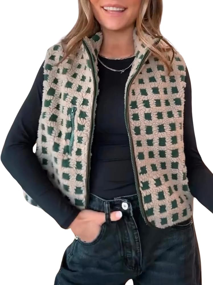 PUWEI Women's Checkered Sherpa Vest Sleeveless Zip Up Fleece Top Crochet Plaid Sherpa Collared Ve... | Amazon (US)