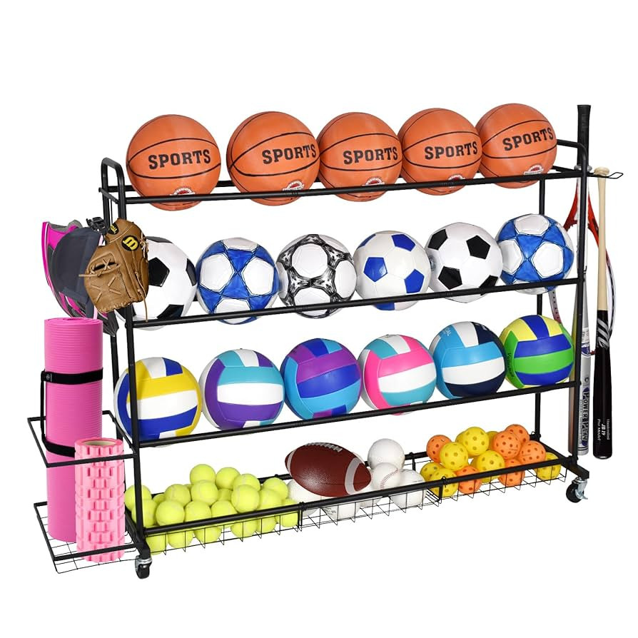 Basketball Rack, Shooting Training Rolling Ball Stand, Garage Organizer with Wheels, 4-Layer Spor... | Amazon (US)