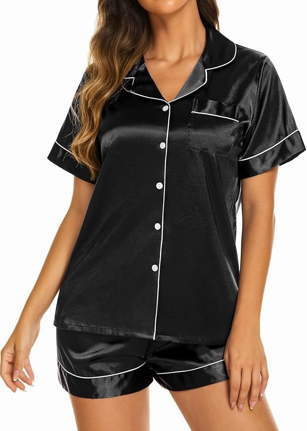 Ekouaer Womens Satin Silk Pajamas Set Short Sleeve Button Down Top and Shorts Sleepwear 2 Piece P... | Amazon (US)