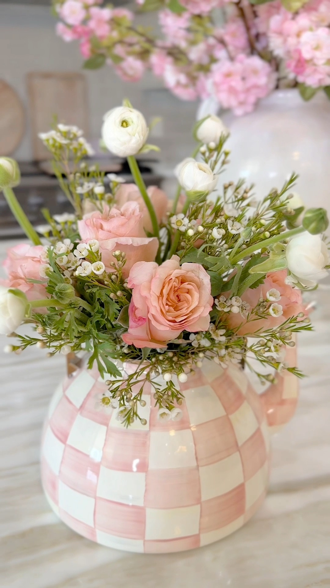DIY floral arrangement using my favorite Amazon floral grid  🌸 such a fun way to repurpose the Mackenzie Childs Rosy tea kettle 💕 

#LTKselfcare #LTKHome #LTKSeasonal