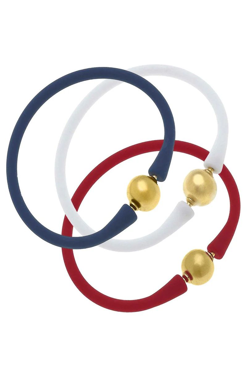 Bali 24K Gold Silicone Bracelet Stack of 3 in Red, White & Navy | CANVAS