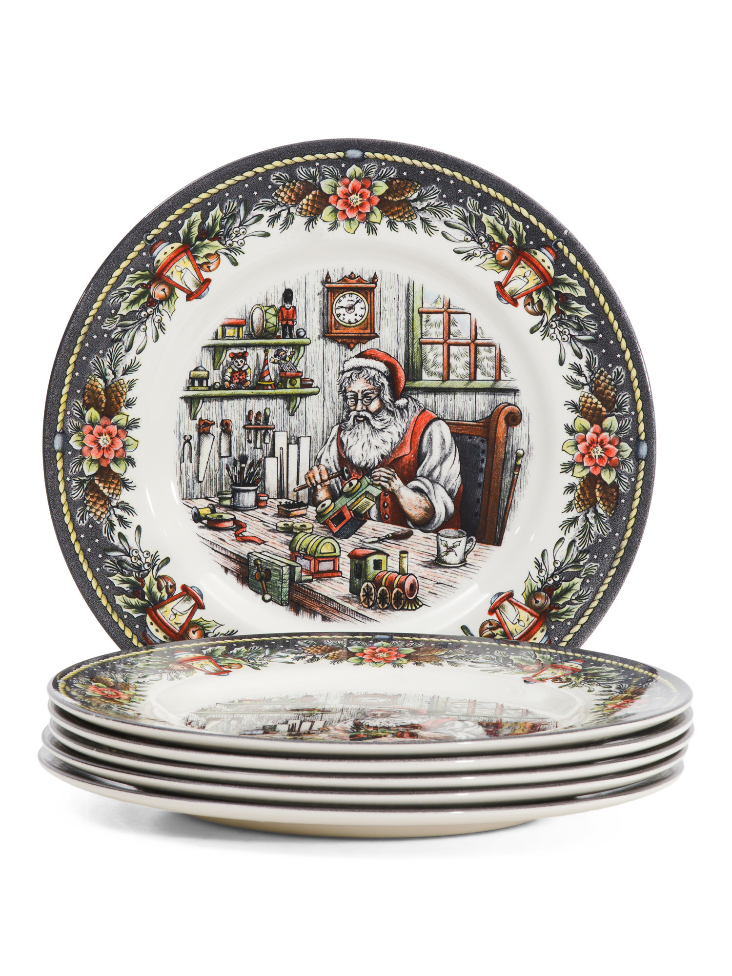 Set Of 6 Santas Workshop With Lantern Border Dinner Plates | Kitchen & Dining Room | Marshalls | Marshalls