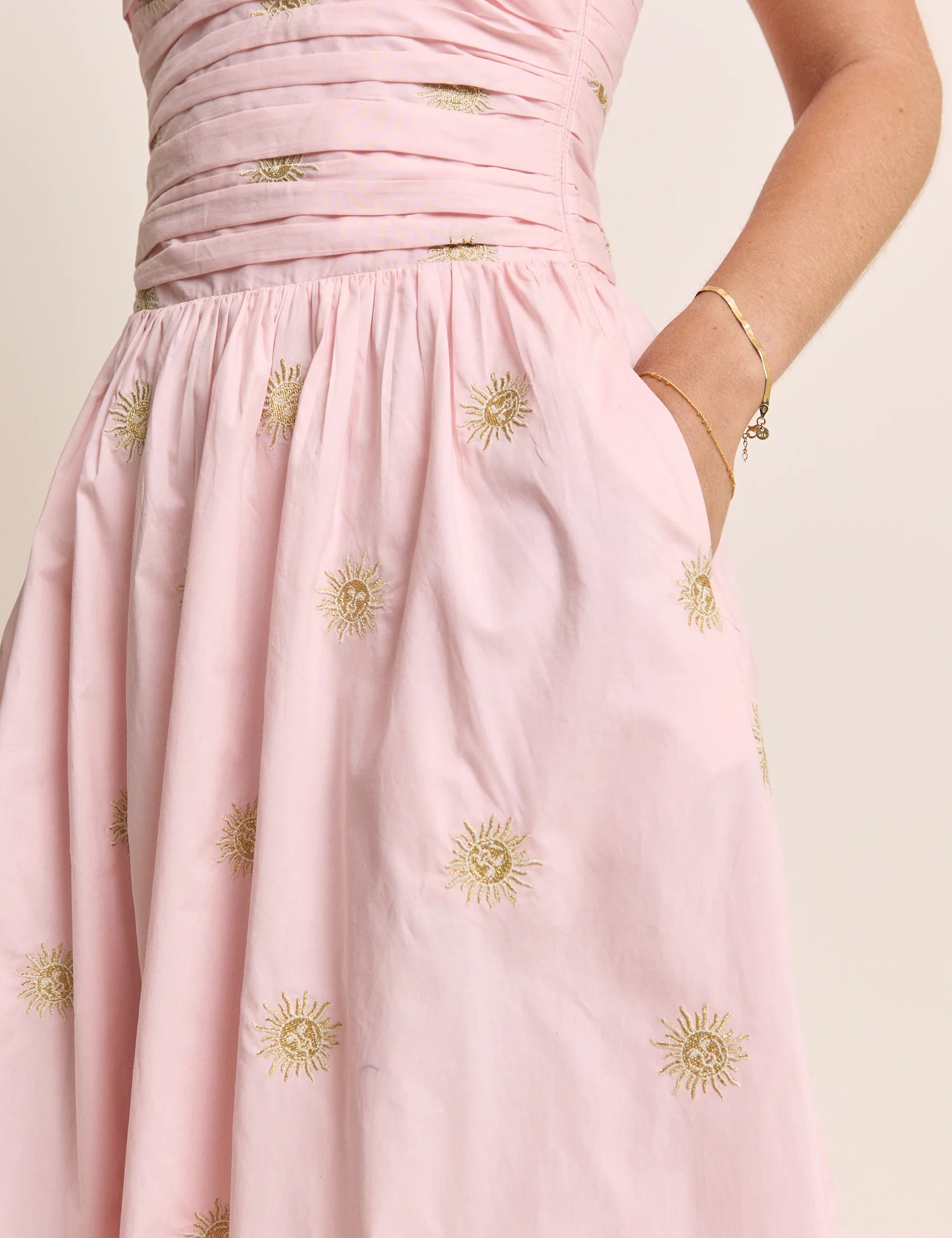 Pink Sun Embroidered Bandeau Alice Midi Dress | Nobody's Child