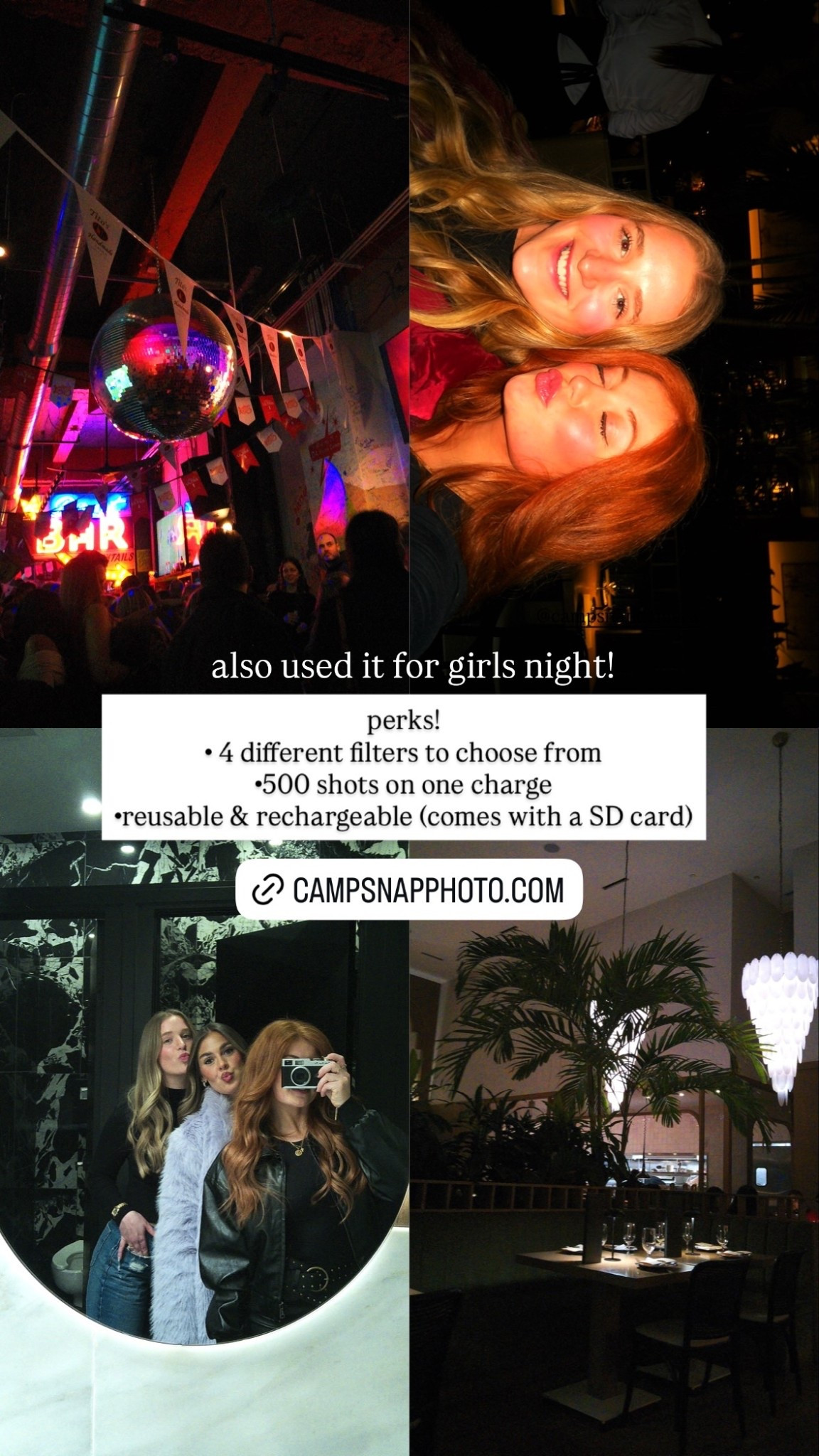 perks of this camera!
• 4 different filters to choose from
•500 shots on one charge
•reusable & rechargeable (comes with a SD card) also used it for girls night!  @campsnapcamera

#LTKTravel #LTKvlog #LTKSaleAlert