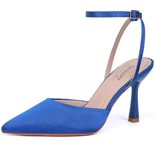 Susanny Closed Toe Blue Heels for Women Royal Blue Heeled Pointed Ankle Strap Dress Shoes Stiletto High Satin Heels Sexy Pumps Wedding Bride Guest Party Evening Prom Formal Herls Dressy Shoes 9 | Amazon (US)