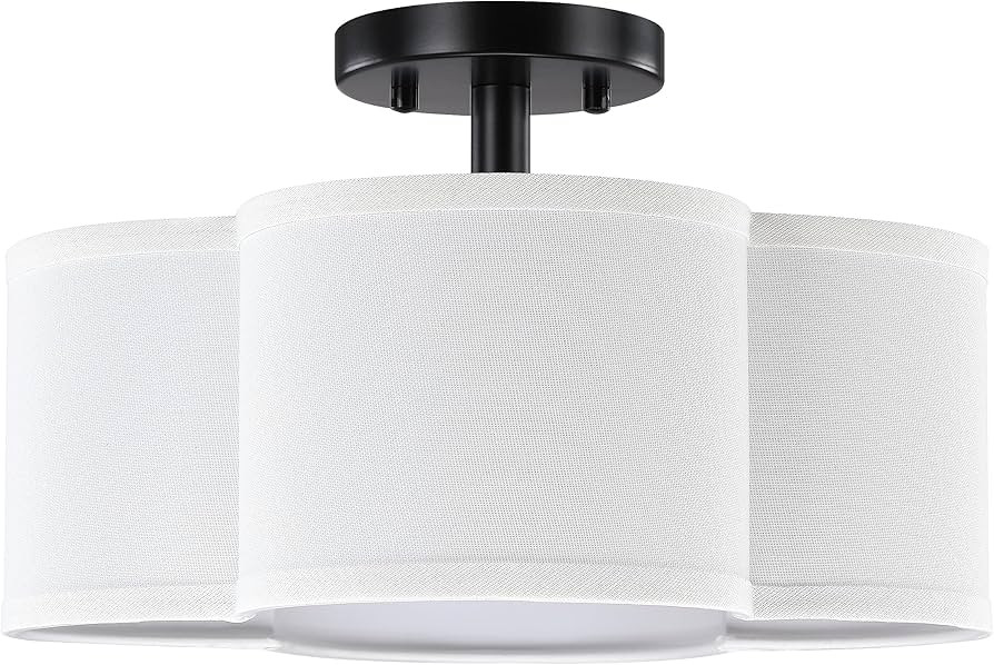 4 Light 14" Semi-Flush Mount Ceiling Light Fixture White Fabric Drum Shade Black Finish for Bedro... | Amazon (US)