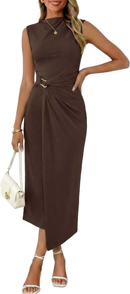 Valiamcep Womens Summer Mock Neck Ruched Bodycon Dress Sleeveless Elegant Cocktail Club Party Lon... | Amazon (US)