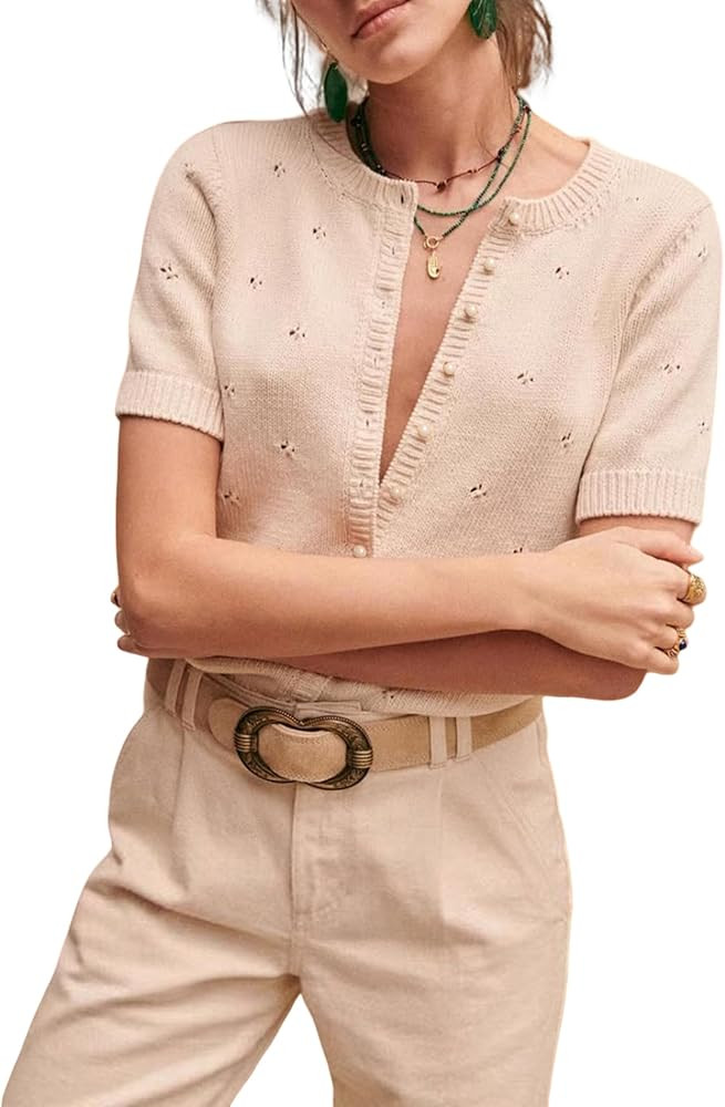 Bianstore Women's Casual Short Sleeve Crewneck Button Down Cardigan Sweater Crochet Knit Top | Amazon (US)
