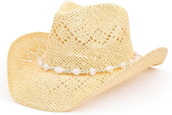 Western Cowgirl Hat, Straw Cowboy Hat for Women with Shapeable Brim, Beaded Hearts Trim, Shapeabl... | Amazon (US)