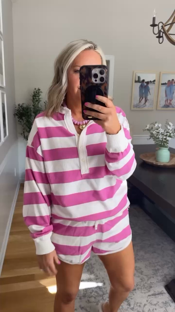 This pink striped set is giving coastal summer mornings in the best way 💕 The oversized fit makes it so comfy, but it still looks put together enough for coffee runs, beach weekends, or lounging at home. I love that the pieces work together or separately, too.

matching set, pink striped set, comfy lounge set, vacation outfit, summer loungewear, beach weekend outfit, cute matching separates, casual summer style, oversized pullover, comfy shorts, resort style outfit, cozy chic, lovelylifestyling

#LTKootd #LTKSeasonal #LTKOver40