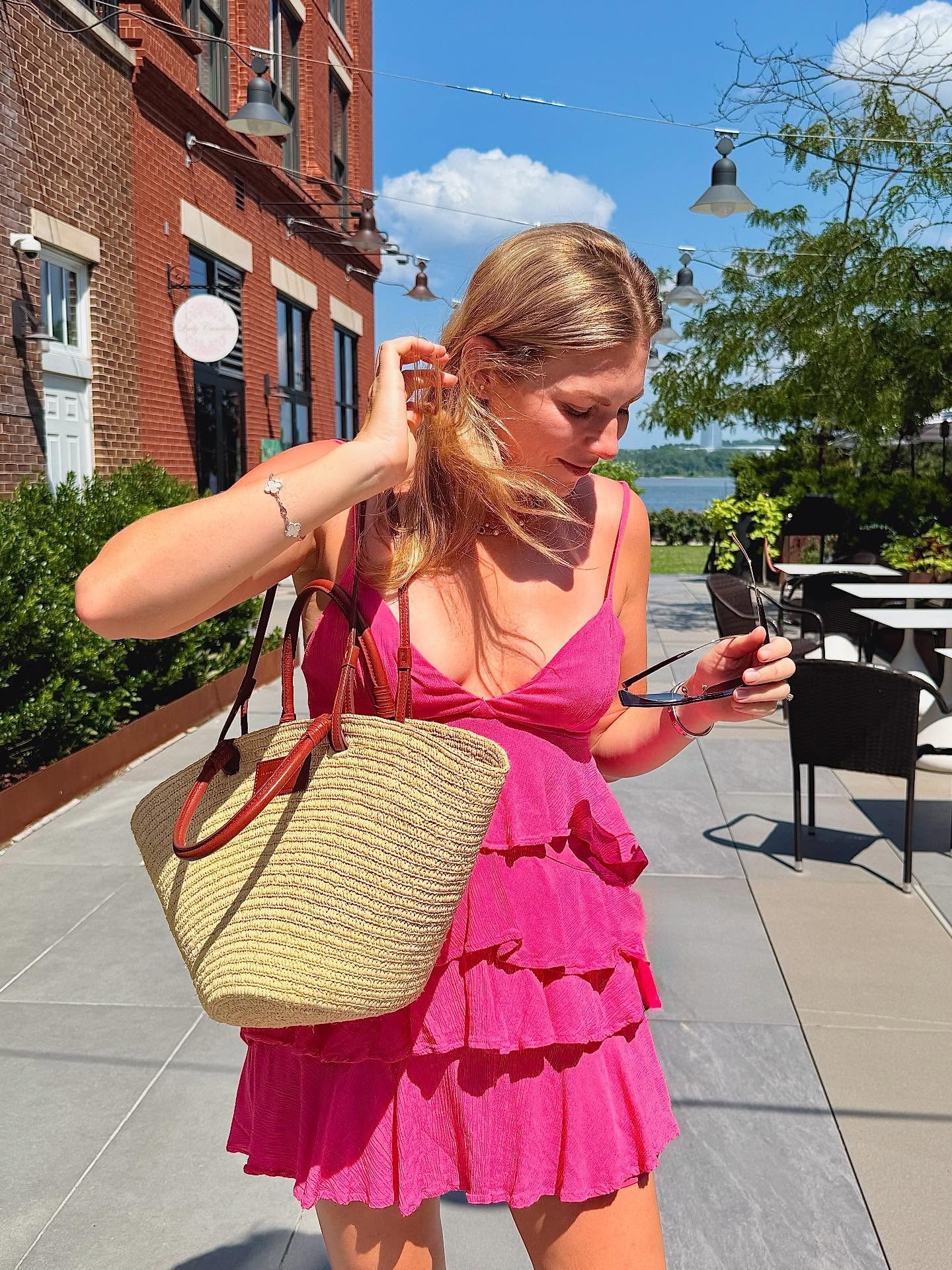 Just a random Tuesday in Old Town… but with drinks, laughs, and a little bit of love 💕🍹 

Dress: @hollister 
Sandals: @jimmychoo 
Purse: @sezane 
Sunglasses: @dior 
Bracelet: @vancleefarpels 
Necklace: @dior 

#HappyHourFeels #OldTownDates #CoupleVibes #TuesdayMood #AlexandriaVA #DrinksWithYou #CityStrolls #WeekdayWander #LoveInOldTown #SunsetSips”#pinkdress #summeroutfit #summerwear #sumemrdress #styleinspo
