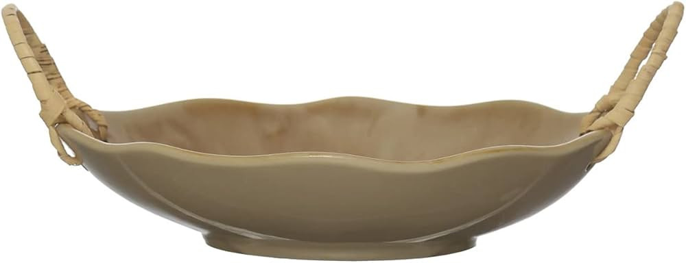 Creative Co-Op Stoneware Rattan Wrapped Handles, Reactive Crackle Glaze Bowl, 10" L x 8" W x 2" H... | Amazon (US)
