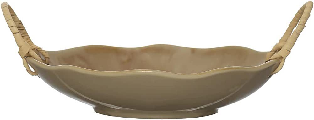 Creative Co-Op Stoneware Rattan Wrapped Handles, Reactive Crackle Glaze Bowl, 10" L x 8" W x 2" H... | Amazon (US)