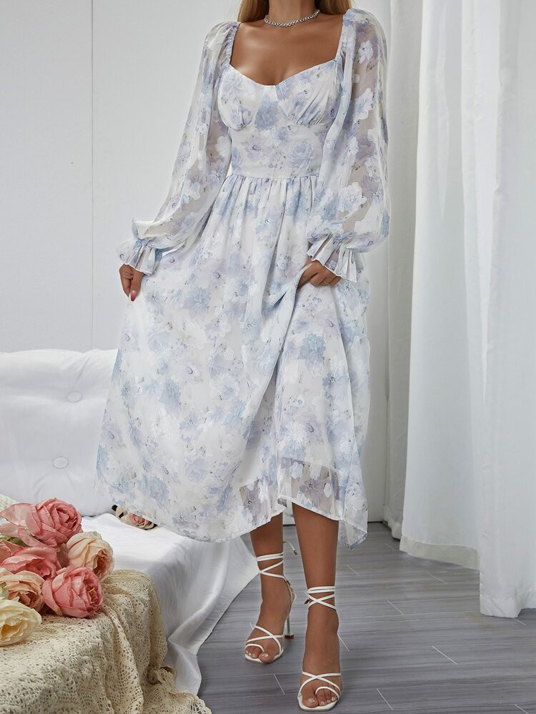Allover Floral Print Flounce Sleeve Chiffon Dress | SHEIN
