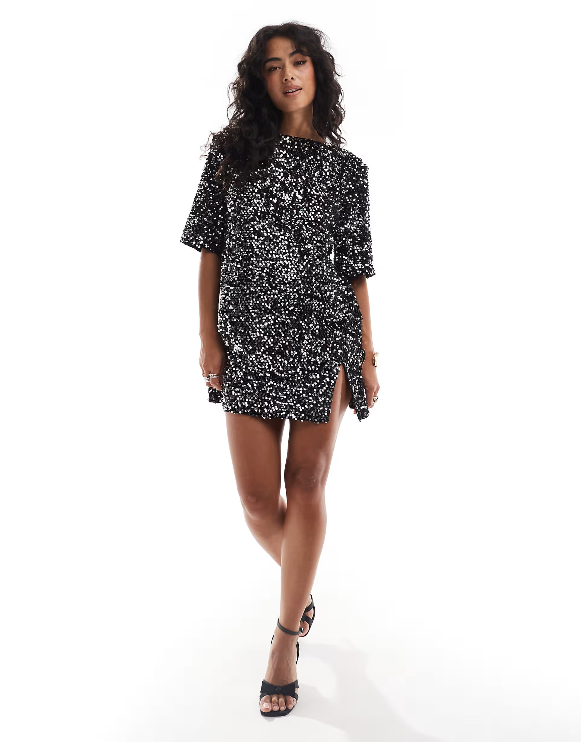 4th & Reckless velvet sequin mini t-shirt dress with open back in black | ASOS (Global)