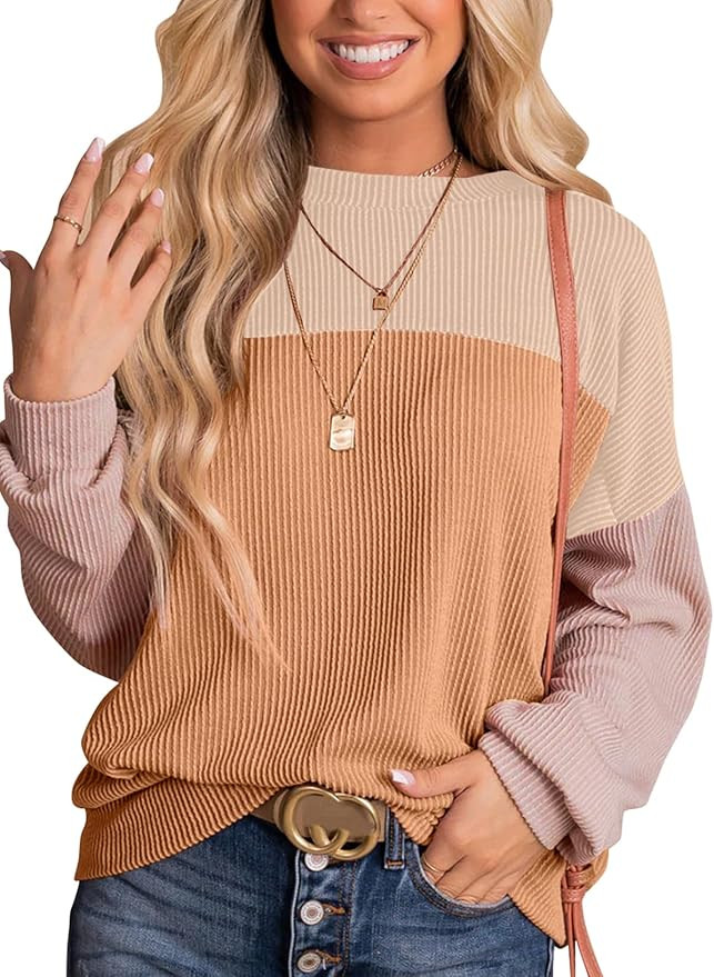 Dokotoo Womens Fashion 2024 Color Block Long Sleeve Crewneck Knitted Casual Loose Pullover Shirts... | Amazon (US)