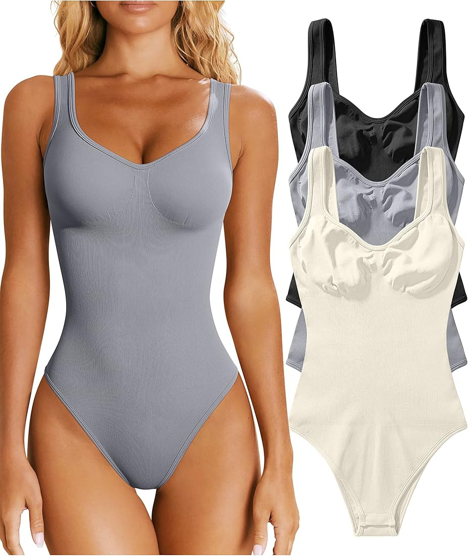 OQQ Women's 3 Piece Bodysuits Sexy Ribbed Sleeveless Shapewear Tank Tops Bodysuits | Amazon (US)